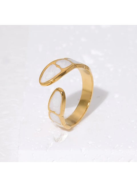 Gold Enamel Open Ring – White Marble Effect – Adjustable Modern Minimalist Ring – Hypoallergenic Stainless Steel